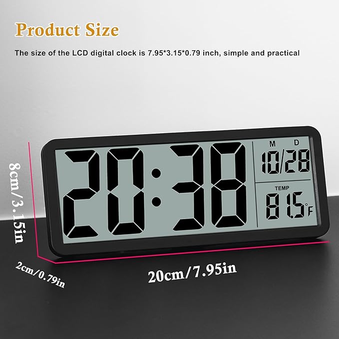 Digital LCD Wall Clock Easy to Set, 8.5 Inch LCD Screen with Time/Date/Temperature Display,Simple Digital Desk Clock with 12/24H for Bedroom Living Room Office Décor