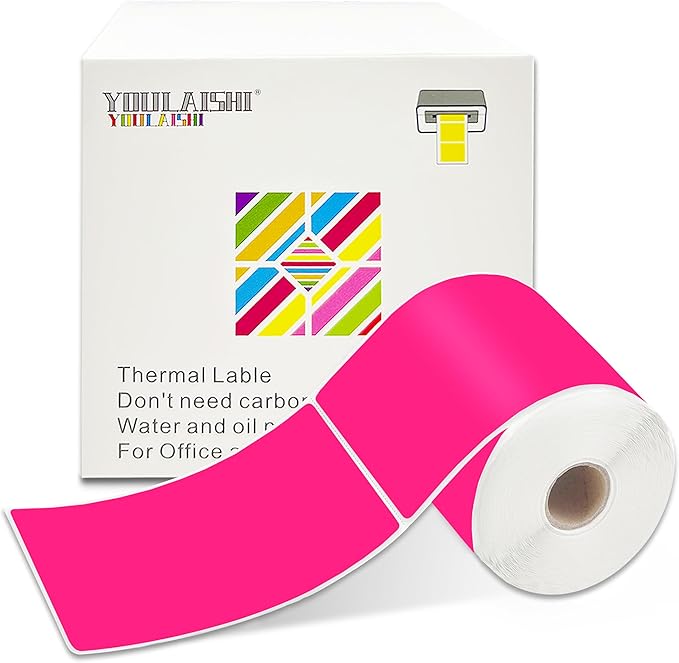 YOULAISHI 3 X 5 Inch Printable Waterproof Rectangle Color Coding Labels, 300 Per Roll Adhesive Color Coding Stickers for Bar-Codes, Address, Small Business Labeling, Fluorescent Pink