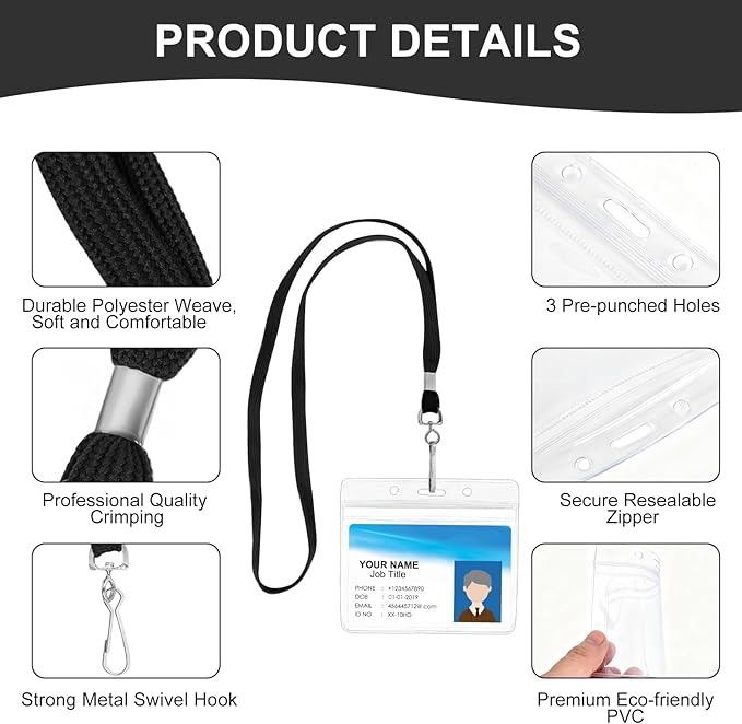50 Pack ID Card Name Tag Badge Holders with Lanyards Black Lanyards with Clear Horizontal Waterproof Name Badge ID Card Holders for Office School Travel (Black)