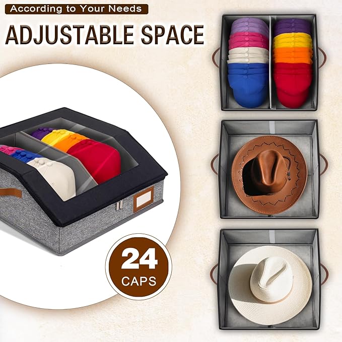 2-in-1 Hat Organizer for Baseball Caps Holds 24-30 Caps Hat Storage with Adjustable Divider Stackable Hats Holder for Closet with Clear lid Cowboy Hat Box for Men Women 1 PCS Black and Grey