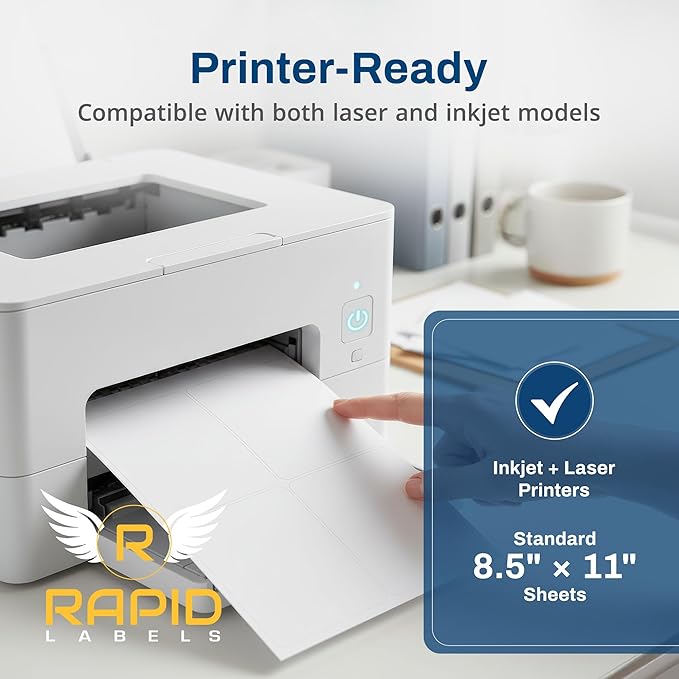 Printable Matte White Shipping Labels Stickers – 8.5"x5.5" Laser/Inkjet Compatible (2 per Sheet) 25 Sheets - 50 Total Multipurpose Self-Adhesive Labels to Write on/Print On | Made in USA