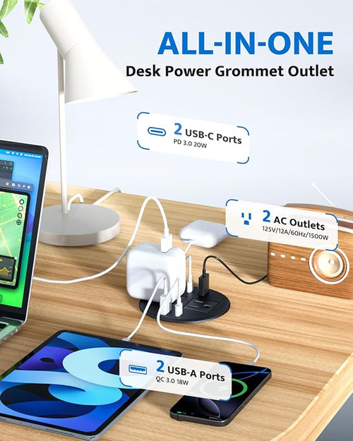 3 inch Recessed Power Grommet with AC Outlets, 20W USB C Fast Charging Conference Recessed Outlet, 40W Total, Flush Mount for Desk,Office Tables,Furniture, 4 USB Ports, Black