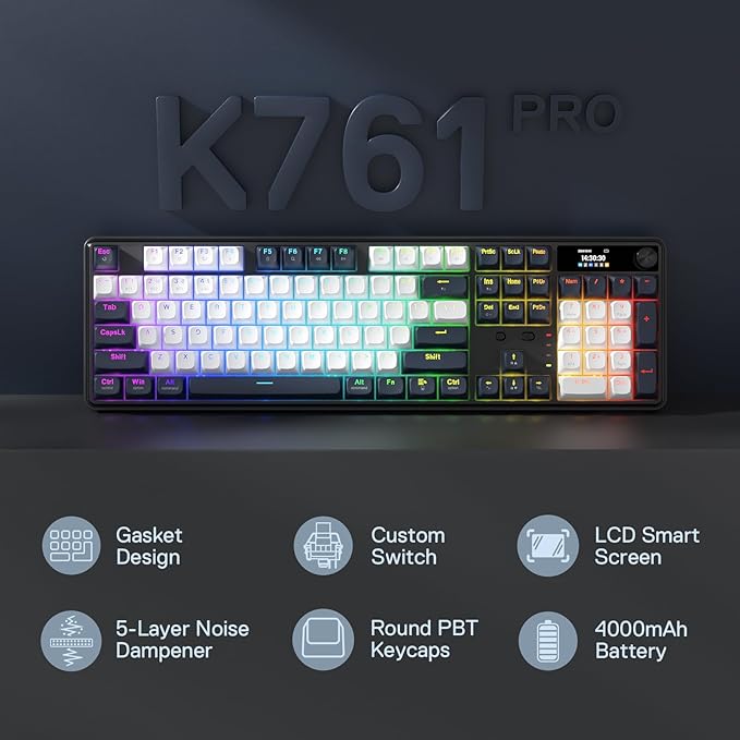 Redragon K761 Wireless Gasket Gaming Keyboard w/Hype Screen & Knob, 104 Keys Mechanical Keyboard, Easy-Control 1.14’’ TFT Info Display, 5-Layer Noise Dampening, Custom Linear Switch, Abyssal Blue