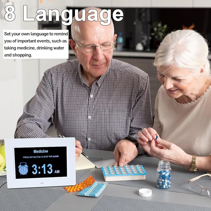 7 Inch Extra Large Day Date Time Digital Day Calendar Clocks with Auto-Dimming 12 Alarm Reminders Dementia Clock for Senior Elderly impaired Vision Memory Loss
