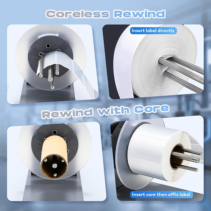 CGOLDENWALL Compact Quiet Automatic Label Rewinder, 1-12"/s Bidirectional Rewind, Coreless/1-1.5" Core Quick Adjust, Max. Label Dia. 5.5" Width 4.3", Auto Sync with Printer, Space-Saving