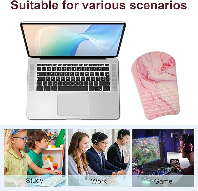 Ergonomic Wrist Mouse Pad with Massage Design, Wrist Rest Pain Relief Mousepad with Memory Foam Non-Slip PU Base, Mouse Pad with Wrist Support for Wireless Mouse & Desk, Y Art Pink Marble