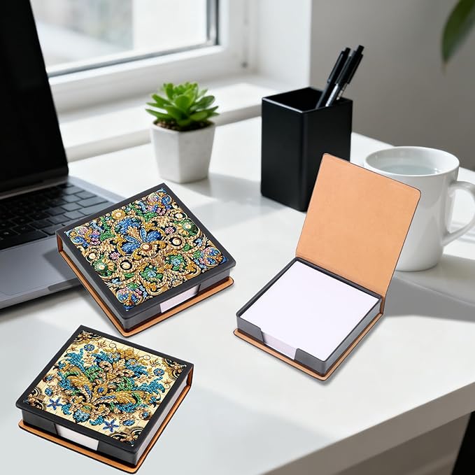 2 pcs Jewelry Diamond Painting Kit Note Box,Gold Memo Paper Storage Box Diamond Art,Sticky Note Holder Diamond Art,Diamond Painting Memo Pad For Office Desk. (Shining)