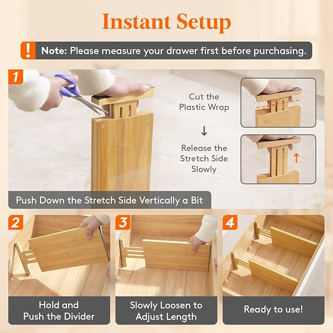 Lifewit 6 Pack 6" Deep Bamboo Drawer Dividers, 13-16.5" Expandable Drawer Organisers for Clothes, Adjustable Dresser Drawer Divider, Clothing Drawers Separators for Dresser, Bedroom, Bathroom, Office