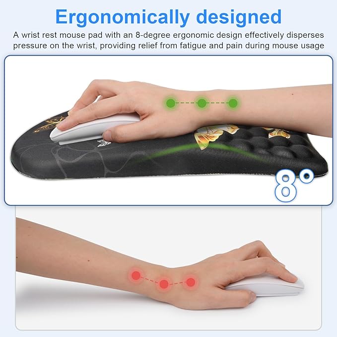 Ergonomic Wrist Mouse Pad with Massage Design, Wrist Rest Pain Relief Mousepad with Memory Foam Non-Slip PU Base, Mouse Pad with Wrist Support for Wireless Mouse & Desk, Y Butterfly B