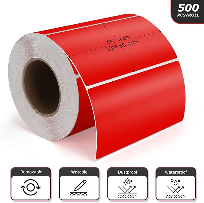 Meitaat Red Rectangle Stickers 4 x 2 Inch Color Coding Labels Vinyl Roll Self-Adhesive Waterproof Removable 500 PCS