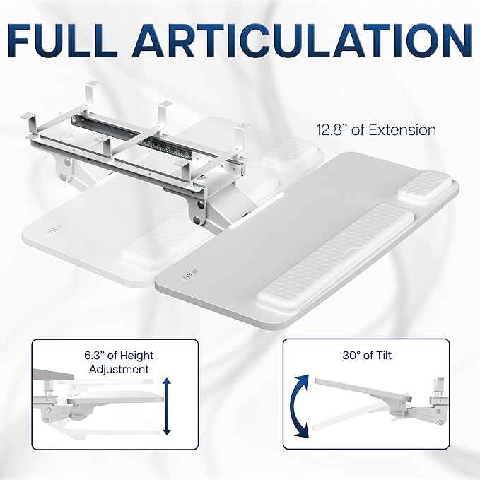 VIVO Premium Adjustable 27 x 11 inch Computer Keyboard and Mouse Platform Tray, Ergonomic Under Table Desk Mount Drawer with Padding, White, MOUNT-KB27P-W