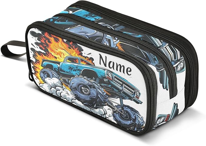 Custom Monster Truck Flame Pencil Case Box Boys Girls Personalized Name Large Pencil Pouch Stationery Pen Bag Organizer for Kids Adults School Office