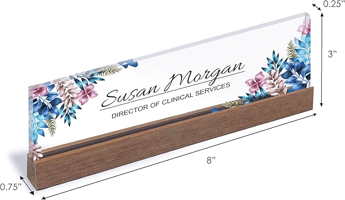 ARTBLOX | Office Personalized Name Plate Blue Leaf Design On Clear Acrylic Glass for Desk with Business Card Holder