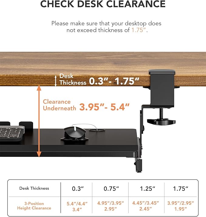 Hemudu Keyboard Tray Under Desk Pull Out with Extra Sturdy C Clamp Mount System, 27.3 (32.5 inch Including Clamps) x 11 Inch Slide-Out Platform Computer Drawer for Typing Black