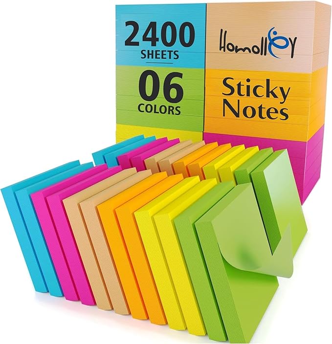 (24 Pads) Sticky Notes 3x3 in 100 Sheets/Pad, Self-Sticky Note Pads, 6 Bright Colors Super Sticky Pads - Easy to Post for School, Office Supplies, Desk Accessories