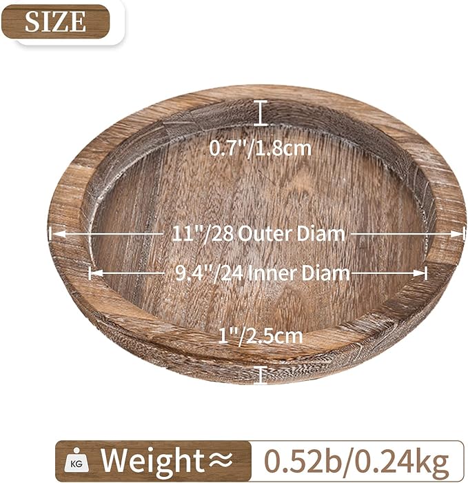 Hanobe Rustic Wooden Serving Tray: Set of 2 Round Wood Butler Decorative Tray Vintage Centerpiece Candle Holder Trays Farmhouse Ottoman Tray for Kitchen Countertop Home Decor for Coffee Table