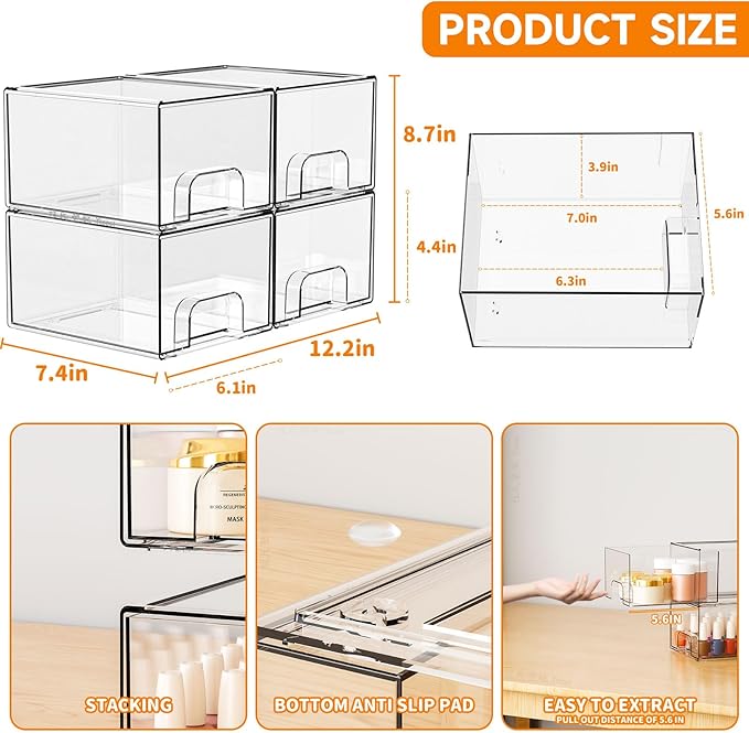 4.4" Tall Small Clear Acrylic Stackable Storage Drawers for Vanity,Under Sink,Bathroom Closet,Medicine Cabinet Organization and Plastic Storage Bins for Organizing Makeup,Baby Bottles,Pacifier,4 PCS