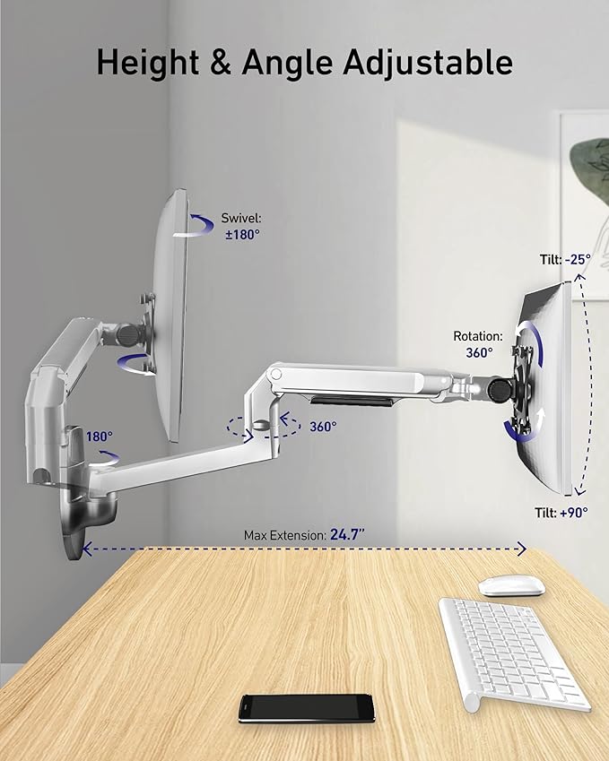 Monitor Wall Mount for Flat or Curved Screens up to 38" Within 25 lbs, Full Motion Adjustable Monitor Arm Wall Mount with Cable Management, VESA 75x75/100x100mm, Silver