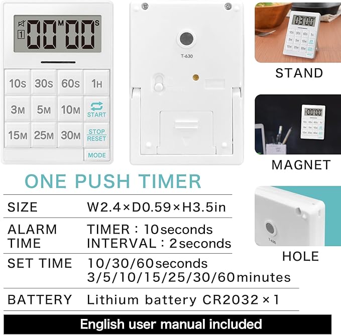 dretec One-Push Timer, Just Press, Easy, Time Saving, Interval, Silent, Kitchen Timer, Digital, Magnet, Stand, Light, Study, Muscle Training, Sports, White