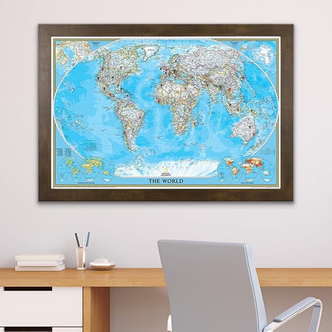 Push Pin Travel - Classic World, Rustic Brown with 150 Pins for Tracking Your Travels - 27.5" x 39.5" - 8 Handcrafted Options - Made in USA - Ideal for Any Traveler