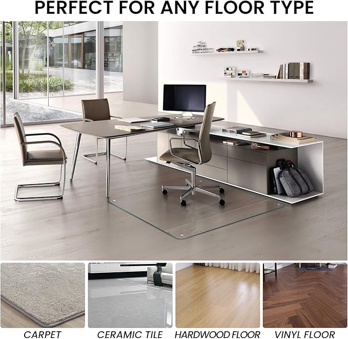 VASUHOME Premium Tempered Glass Chair Mat, 36 x 46 Inch Large Office Floor Mat for Carpet or Hardwood Floors, 1/5" Thick with 12 Anti-Slip Pads