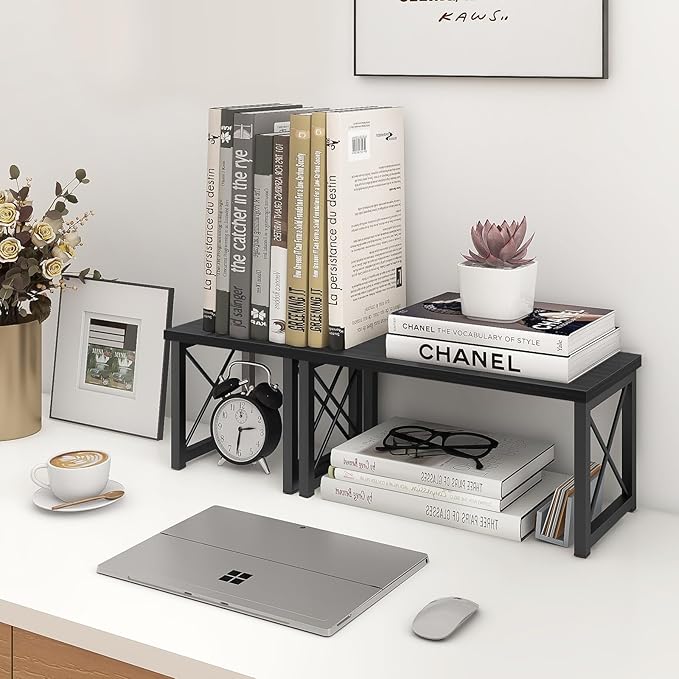 ELITEROO Wood Desktop Shelf, Freestanding Small Bookshelf Dorm Supplies Organizers, 2 Tier Independent Stackable Desk Stand, Adjustable Storage Organizer, Kitchen Counter Display Rack, Black