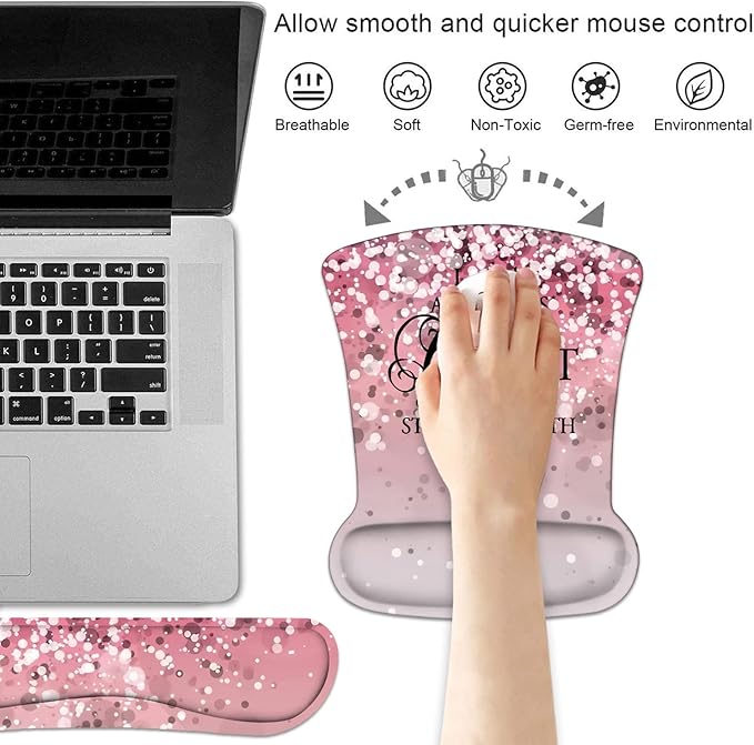 Keyboard Wrist Rest and Mouse Pad Wrist Support Set with Coasters, Non-Slip PU Base Ergonomic Gaming Mousepad for Home Office Working Studying Easy Typing & Pain Relief, Bible Verse Phil 4-13
