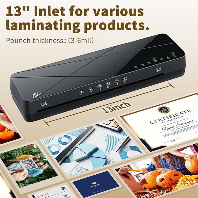Crenova Laminator Machine 13 inch, Laminating Machine with 50 Laminating Sheets 60s Quick Warm Up Auto-Off, 6 in1 Lamination Machine ABS Jam Free for Home Office School, Black
