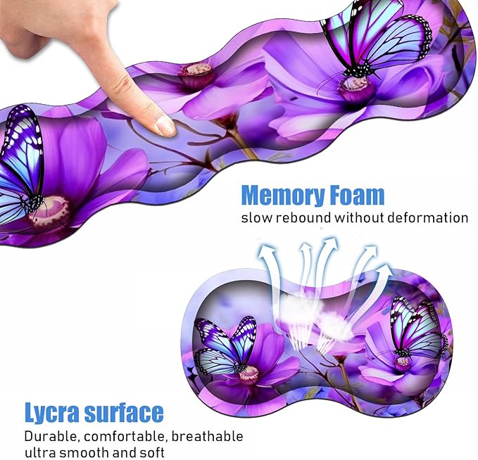 Ergonomic Keyboard Wrist Rest & Mouse Pad Wrist Rest Set, Large XXL Gaming Desk Mat 31.5"x 11.8", Non-Slip Base, Memory Foam, Easy Typing Pain Relief for Office & Home, Purple Flowers and Butterfly