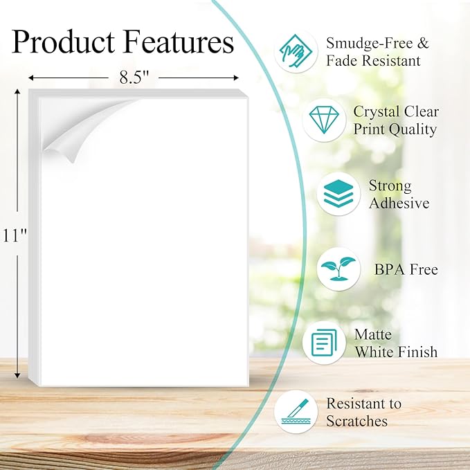 100 Sheets Sticker Paper Matte White, 8.5" x 11" Label Paper for Laser & Inkjet Printer, Full Sheet Label for Shipping Address Mailing