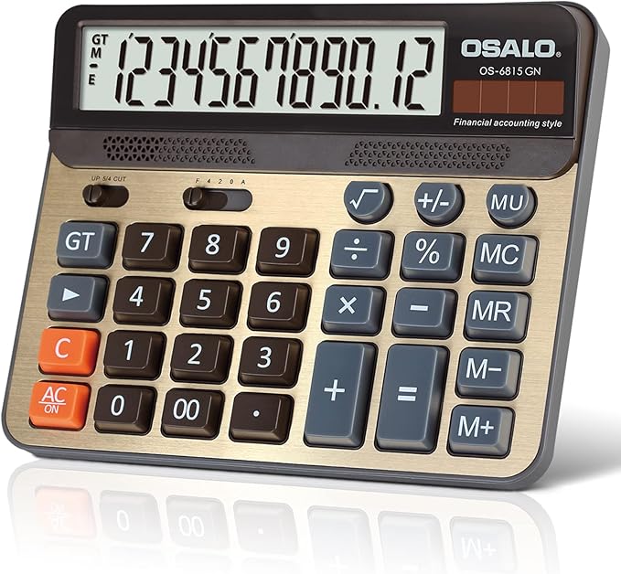 Desktop Calculator Extra Large 5-Inch LCD Display 12-Digit Big Number Accounting Calculator with Giant Response Button, Battery & Solar Powered, Perfect for Office Business Home Daily Use(OS-6815GN)