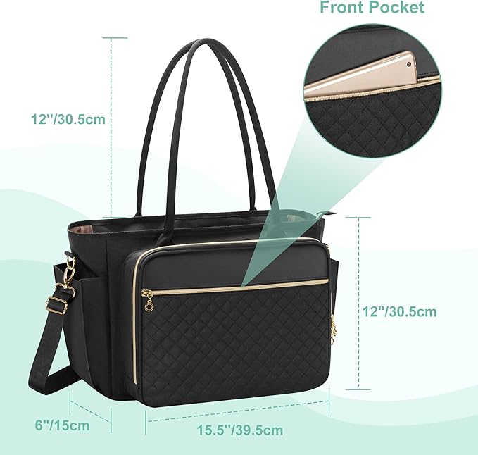 LUXJA Teacher Tote Bag with Accordion File Pocket, Teacher Bag for Women with 15.6 Inch Laptop Compartment, Black