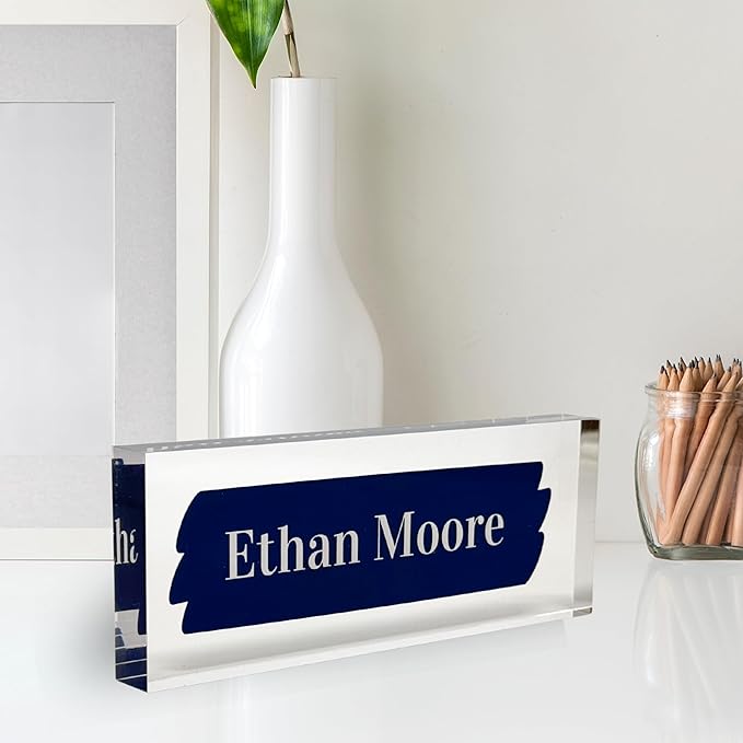 Customized Clear Acrylic Thick 8x3" Desk Name Plate Block with Personalized Logo - Professional Office Decor - Customized Acrylic Plate Gift for Teacher Co-workers, Christmas Gifts for Her, Thanksgiving Gifts (Navy Brush)