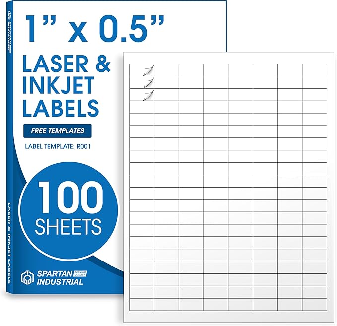 1" X 0.5" Matte White Printable Labels for Inkjet and Laser Printers - 100 Sheets, 16000 Custom Stickers for Address Labels, Price Tags, Barcodes, Inventory - Spartan Industrial Template R001