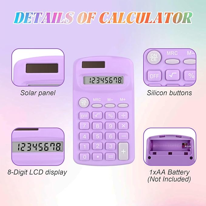 48 Pcs Pocket Size Basic Calculators Bulk for Classroom Solar Battery Dual Power Display Calculator 8 Digit Colored Basic Calculator for Kids Student School Office