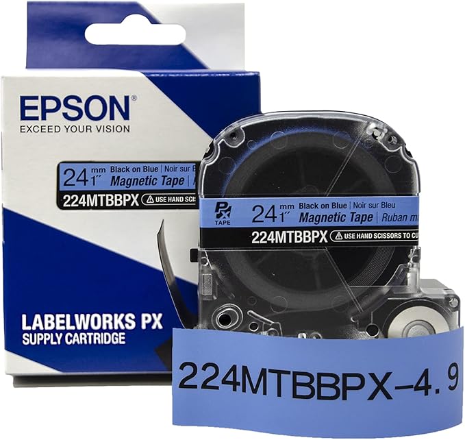 Epson LABELWORKS 224MTBBPX-4.9 Genuine Magnetic Tape Cartridge - Black on Blue Magnet Label Maker Tape - 1" (24MM) Wide, 4.9 ft, Blue