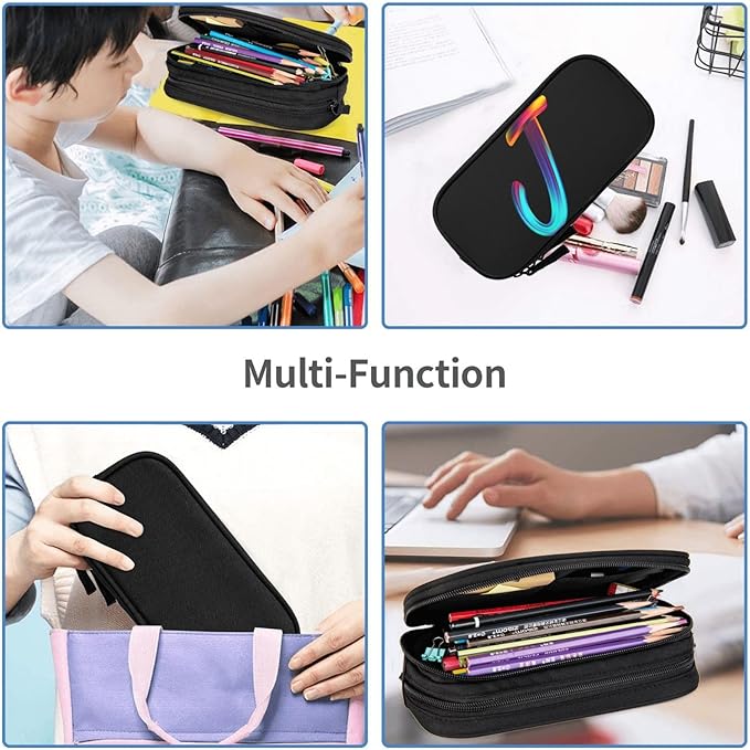 Cute Initial Pencil Case for Kids Students, Large Capacity Pencil Pouch for Boys Girls, Letter Design Pencil Box Pen Bag Office Stationery Organizer, Rainbow Letter J