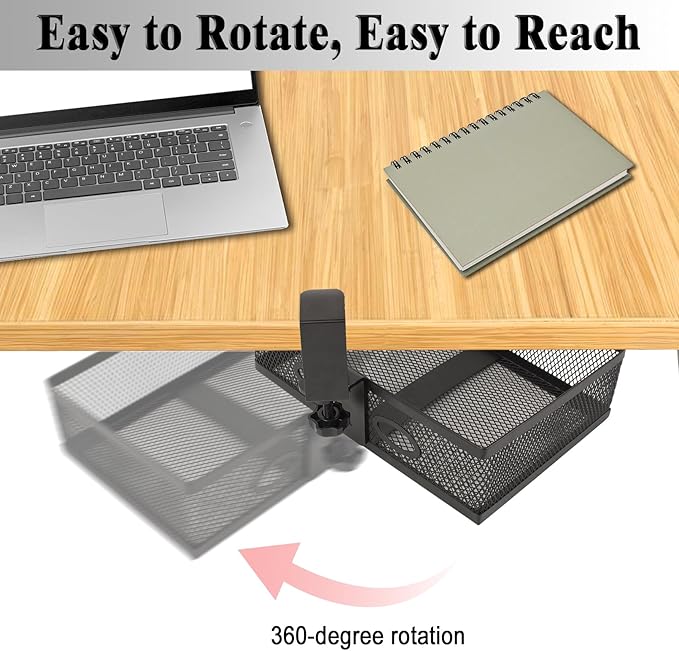 Under Desk Organizer with 360° Swivel, Clamp-On No Drill Installation, Sturdy Mesh Storage Drawer for Home Office, Pencils, Art Supplies and More (Black)