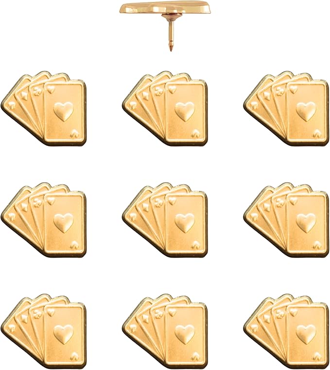 Playing Cards Push Pins - Gold Deck of Cards Map Pins for Cork Boards, Maps, or Lapel Use - Designed in USA - Set of 10