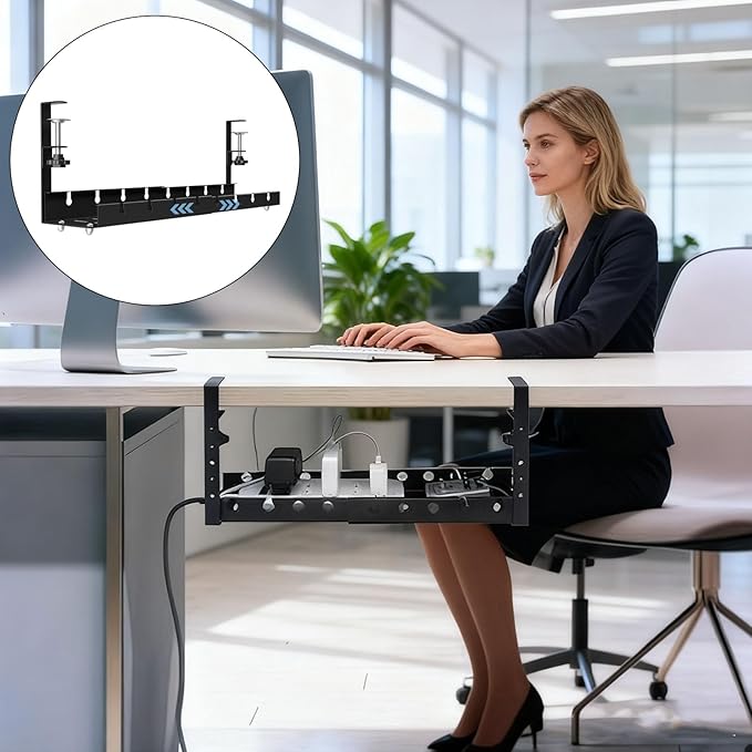 Cable Management, Retractable Under Desk Cable Organizers, Shelf for Efficient Wire Management, Space Saving Wire Collection Rack, No Drilling,Metal Cord Organizer with Clamp for Standing Desk