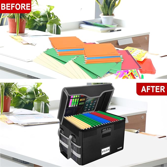 DocSafe Fireproof Document Box with Lock, File Storage Organizer with Mesh Pockets, Collapsible Portable File Box Home Office Safe Filing Cabinet with Handle for Hanging Letter/Legal Folder, Black