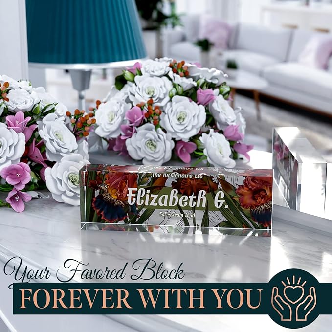 Desk Name Plate Personalized, Custom Name Plates, 2½/x8 Inches, Thick Crystal-Clear Acrylic, Gift Box, Office Desk Decor. USA Made by ACRYLUXE (Iris)