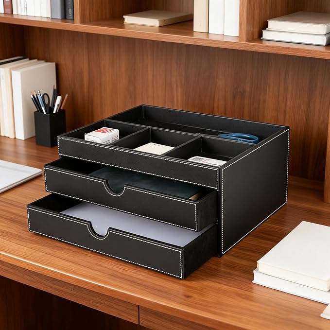 Home Multifunctional Bag Drawer Organizer, Leather Office Filing Cabinet with four Independent Organizers, and Storage Cabinet on the Bedside Table in the Guest Room