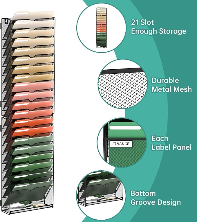 SUPEASY 21-Tier Wall File Organizer Mesh Office Mail Holder, Hanging Wall Organizer Magazine Rack for Office Assembly Needed, Black