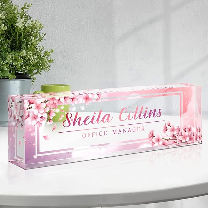Custom Name Plate for Desk, Employee Appreciation Gifts, Acrylic Desk Name Plate Personalized, Office Decor, Funny Office Gifts for Coworkers Boss Teacher (Peach Blossom)