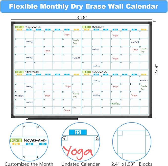 Lockways 36" x 24" Magnetic Dry Erase Calendar Whiteboard - 4-Month Framed Planner with Aluminum Frame,Wall Mountable Office/Home/School Organization Board for Messages, Presentations & Memos