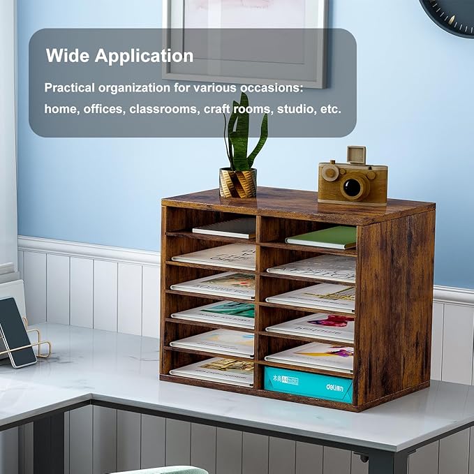 PAG Countertop Mail Sorter Organizer, Wooden Literature Organizer, Student Mailbox for Classroom, Desktop Bill Organizer for Office Home School, 12 Compartments, Antique Brown