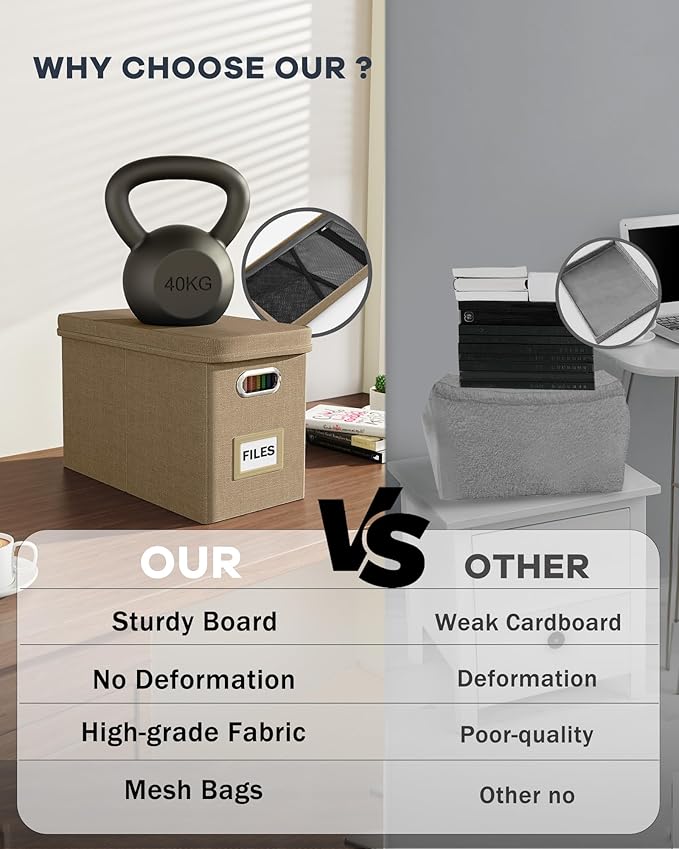 Oterri File Organizer Box with Lid, Hanging Filing File Box with Mesh Pocket, Document Organizer Box for Letter Files, Portable Storage Box with Smooth Sliding Rail for Office&Home(1 PCS, Khaki)