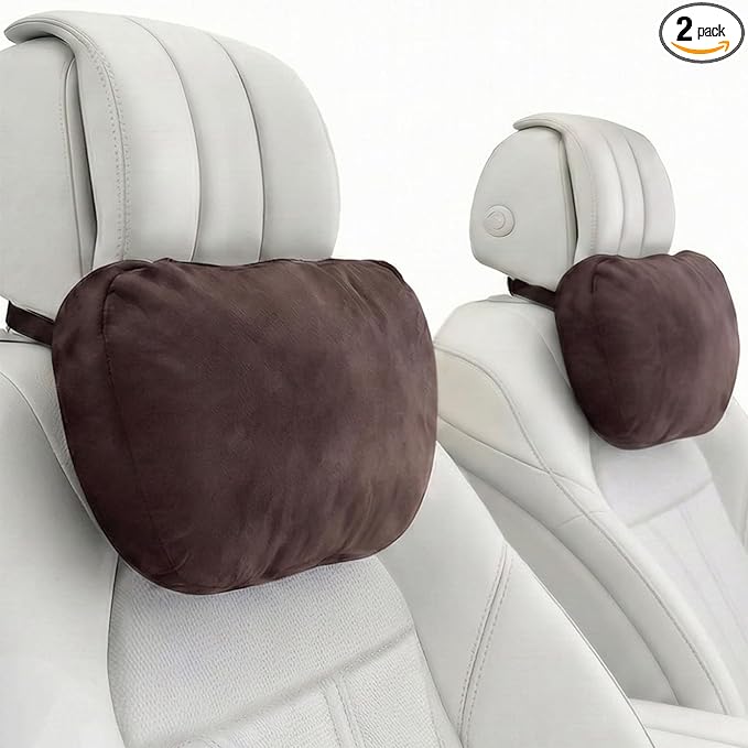 2PCS Car Pillow for Car Neck Pillow for Driving Seat Lumbar Support Soft Cushion with Extra Filling Accessories Back Support for Travel Nap and Trips Sleeping (Coffee, Head)