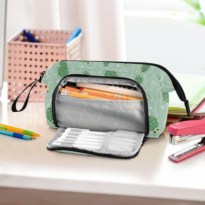 Cute Turtle Green Pencil Case Pouch Big Capacity Pencil Bag Box Organizer Pen Case with Handle Pencil Cases for Girls Boys Women School College Office